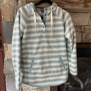 Eddie Bauer Light Blue and White Striped Women's Hoodie Sweater